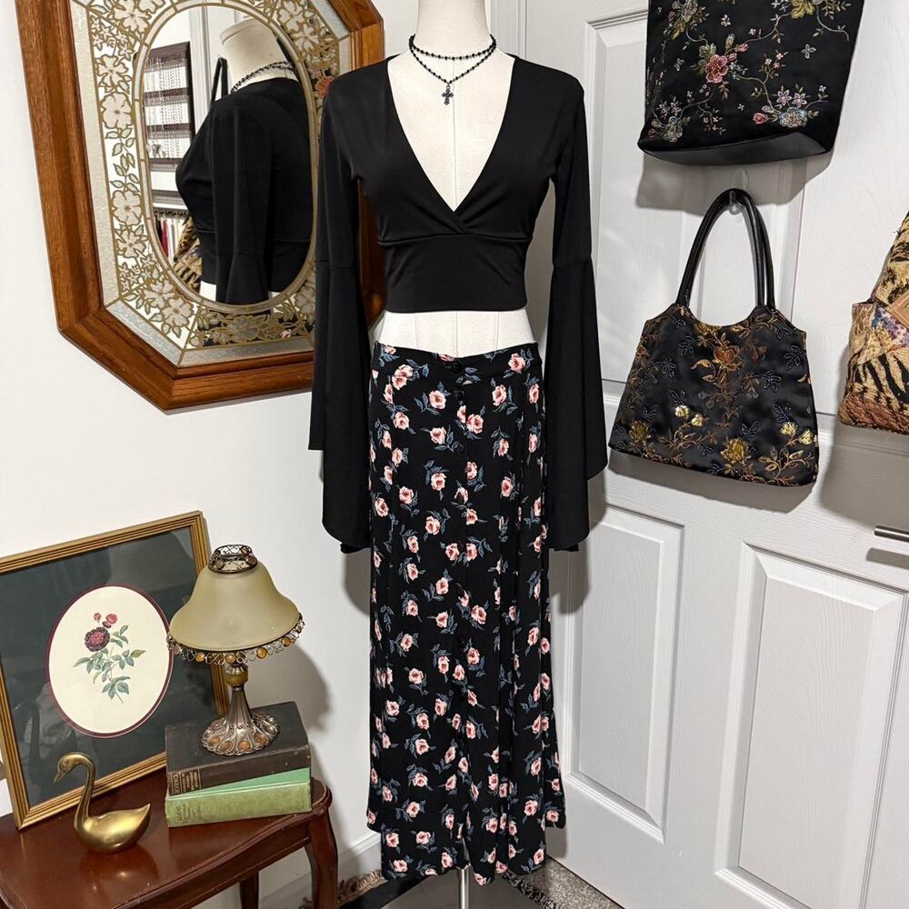 VTG 90s Krush of California Black & Pink Floral Pattern Ribbed Button Maxi Skirt - Picture 3 of 8